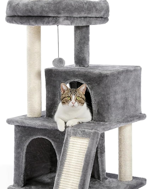 Load image into Gallery viewer, 34 Inches Cat Tree Multilevel Cat Tower with Double Condos, Spacious Perch, Fully Wrapped Scratching Sisal Post and Replaceable Dangling Balls Gray
