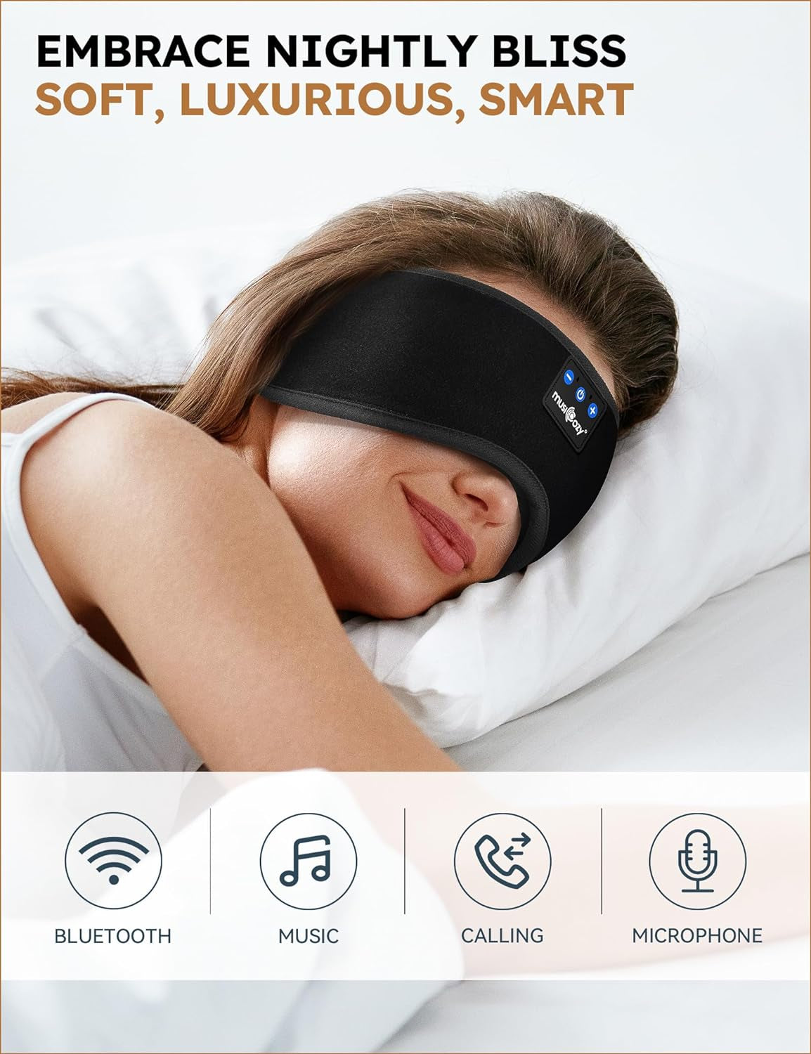 Sleep Headphones Bluetooth Headband Sleeping Headphones Eye Mask for Women Men Unisex, Wireless Music Mask Built-In Speakers Microphone Adjustable Strap for Side Sleepers Travel Office