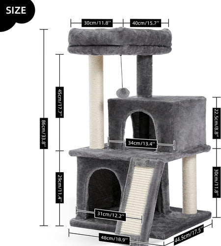 34 Inches Cat Tree Multilevel Cat Tower with Double Condos, Spacious Perch, Fully Wrapped Scratching Sisal Post and Replaceable Dangling Balls Gray