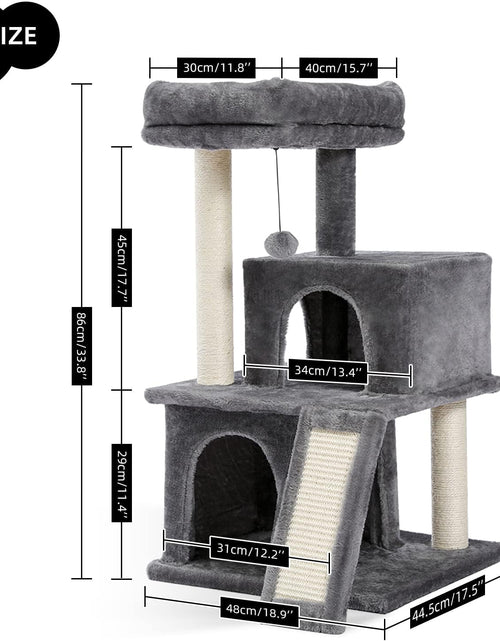 Load image into Gallery viewer, 34 Inches Cat Tree Multilevel Cat Tower with Double Condos, Spacious Perch, Fully Wrapped Scratching Sisal Post and Replaceable Dangling Balls Gray
