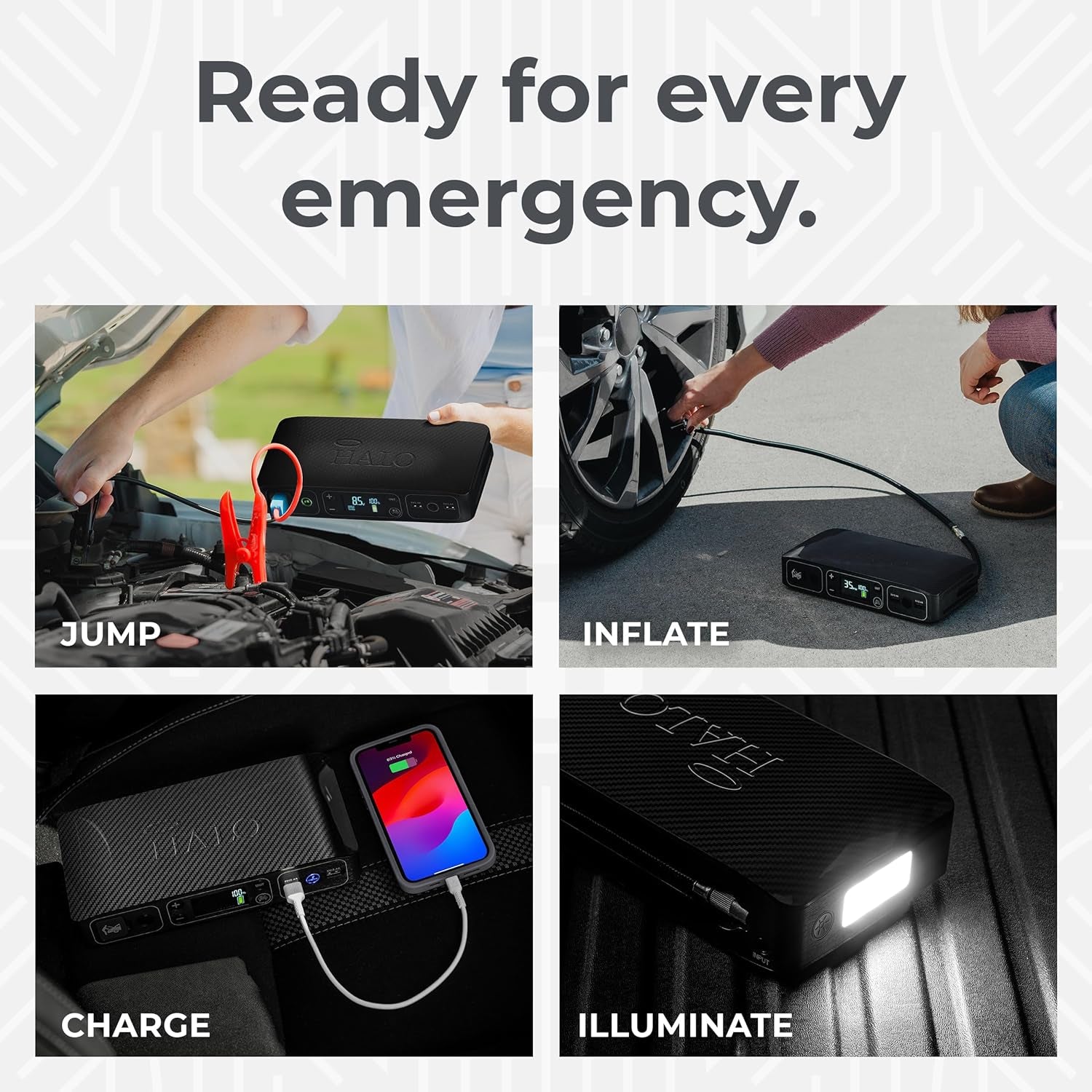 Bolt Air 58830 Mwh Portable Emergency Power Kit with Tire Pump, 4 Interchangeable Air Nozzles, Extra Accessory Kit, Car Jump Starter, and Car Charger - Black Graphite